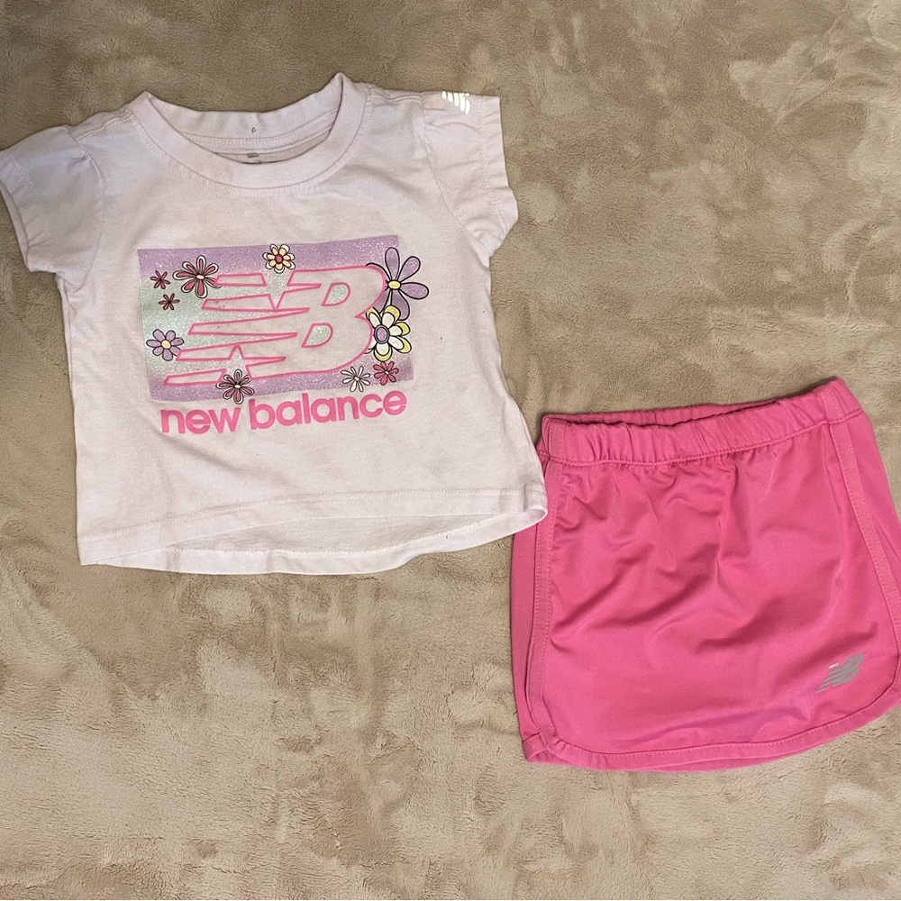 New Balance White Tee with Pink Floral Logo & Bright Pink Skort